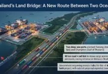 Thailand Revives Land Bridge Project to Boost Trade Routes Infographic of Thailand's Land Bridge showing two deep-sea ports (Ranong and Chumphon), container yards, ships, and a highlighted road–rail link across the peninsula.