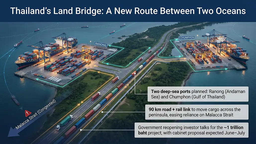 Infographic of Thailand's Land Bridge showing two deep-sea ports (Ranong and Chumphon), container yards, ships, and a highlighted road–rail link across the peninsula.
