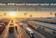 Libya, African Development Bank Open Transport Sector Study Banner for Libya AfDB transport sector study showing a busy port with containers, trucks and airplanes at sunset.