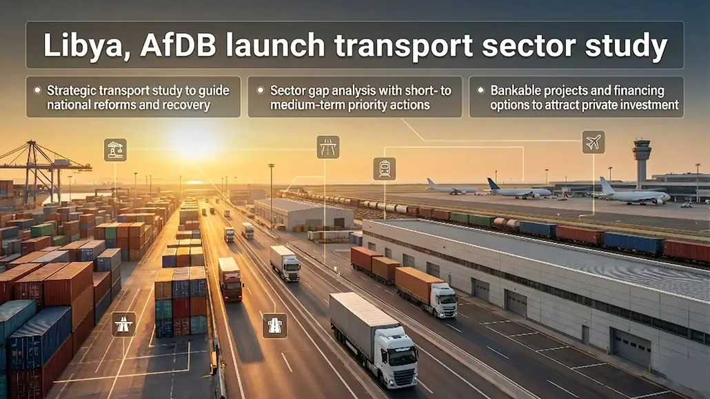 Banner for Libya AfDB transport sector study showing a busy port with containers, trucks and airplanes at sunset.