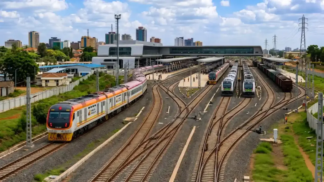 Wide view of a busy railway station with multiple tracks and trains, including an orange-and-white train on the left and green-and-white trains on the right.