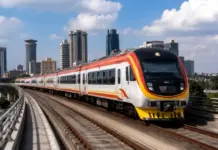 Nairobi Railway Expansion Targets Urban Mobility Growth High-speed white and orange passenger train on an elevated curved track with a city skyline in the background.