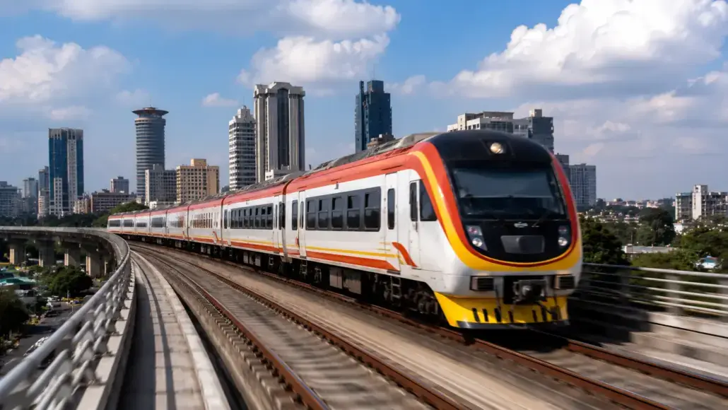 High-speed white and orange passenger train on an elevated curved track with a city skyline in the background.