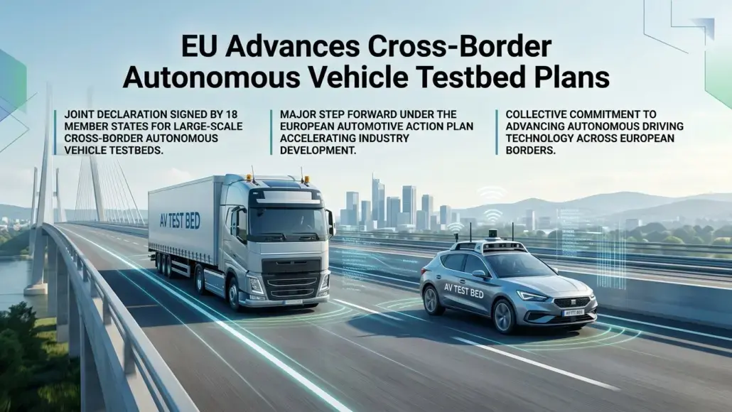 EU advances cross-border autonomous vehicle testbed plans — AV Test Bed truck and car drive on a highway with city skyline in the distance.
