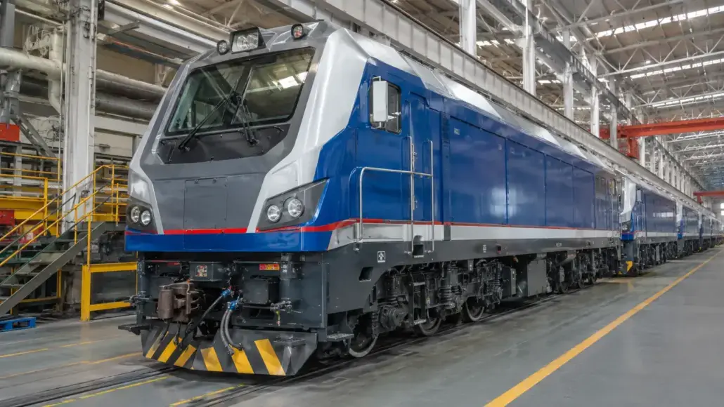 Blue and gray locomotive in a maintenance shop, front view, with yellow safety rails nearby and overhead cranes.