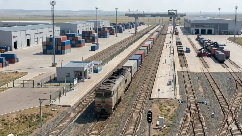 Aerial view of a freight rail yard with stacked shipping containers, warehouses, and a diesel locomotive on parallel tracks.