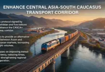 Countries Sign CASCA+ Transport Corridor Advancement Deal Freight train on a bridge over a river at sunset; slide title reads 'Enhance Central Asia–South Caucasus Transport Corridor' with three bullet points about aims around the left panel.