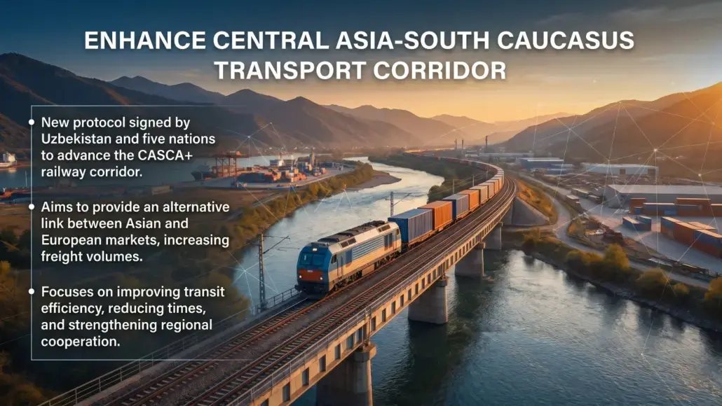 Freight train on a bridge over a river at sunset; slide title reads 'Enhance Central Asia–South Caucasus Transport Corridor' with three bullet points about aims around the left panel.