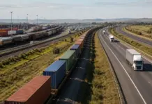 Türkiye Emphasizes Gulf Transport Corridor Revival Plan Aerial view of a highway with white trucks driving on the right, beside a parallel railroad with stacked colorful freight containers and railcars on the left.