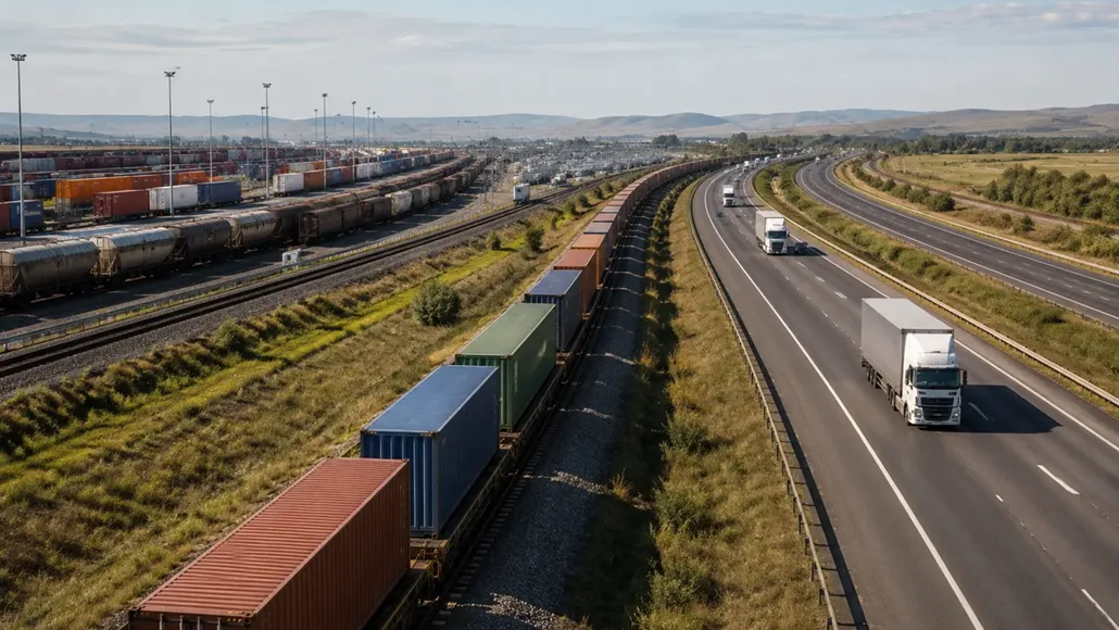 Aerial view of a highway with white trucks driving on the right, beside a parallel railroad with stacked colorful freight containers and railcars on the left.