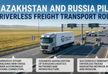 Kazakhstan, Russia Launch Driverless Freight Transport Route Autonomous Euro-Asian Logistics truck on a highway near a border checkpoint; headline reads 'Kazakhstan and Russia Pilot Driverless Freight Transport Route.'