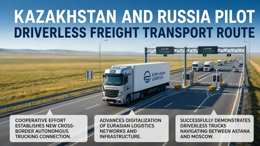 Autonomous Euro-Asian Logistics truck on a highway near a border checkpoint; headline reads 'Kazakhstan and Russia Pilot Driverless Freight Transport Route.'
