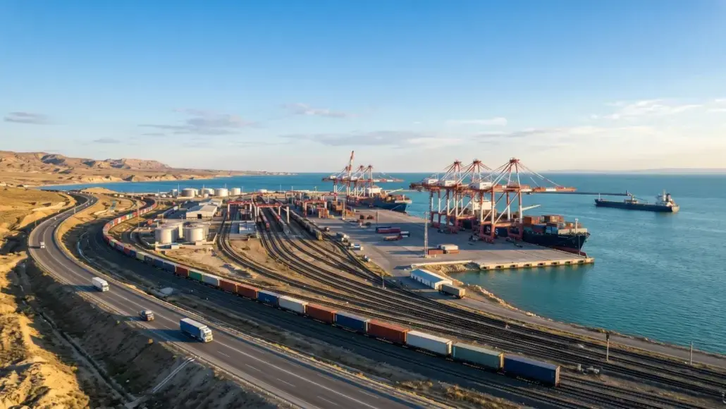 Port with container cranes, stacked shipping containers, and parallel rail tracks along the coast.