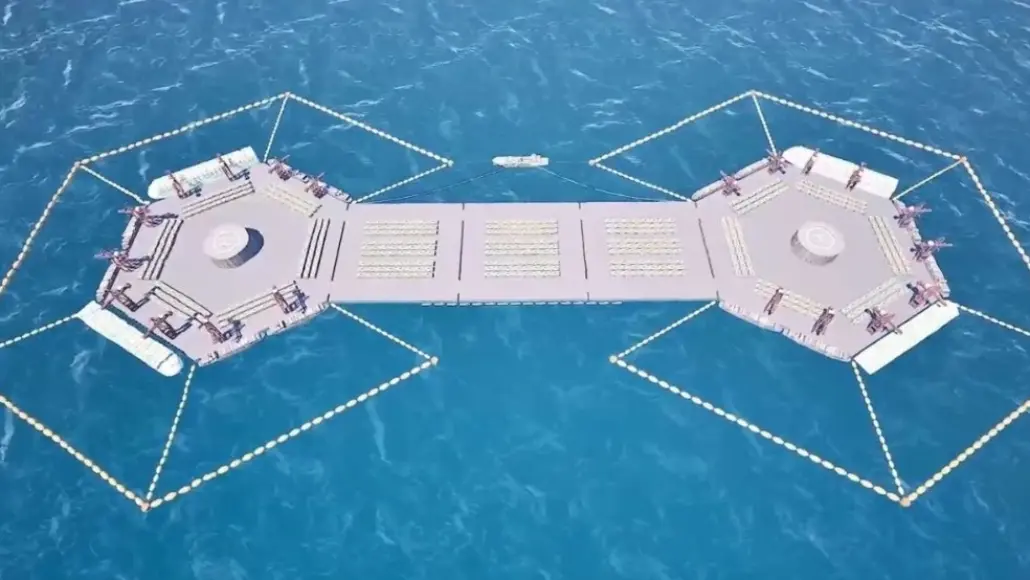 A modular floating dock with two octagonal deck sections connected by a central walkway over blue water.