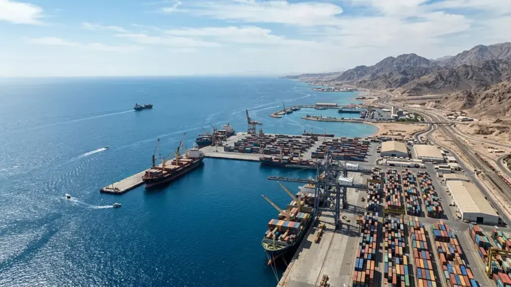 Aerial view of a busy container port with colorful stacked containers, cranes, and ships by the blue sea near rugged mountains.