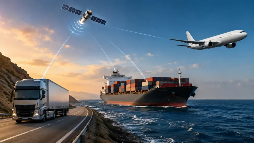 Interconnected logistics scene: a truck on a coastal highway, a cargo ship at sea, and an airplane in the sky with satellite links overhead (global shipping).