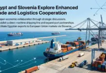 Egypt and Slovenia Explore Enhanced Trade and Maritime Links Port scene with container ships and large cranes; headline promotes Egypt–Slovenia trade and logistics cooperation and related bullets.