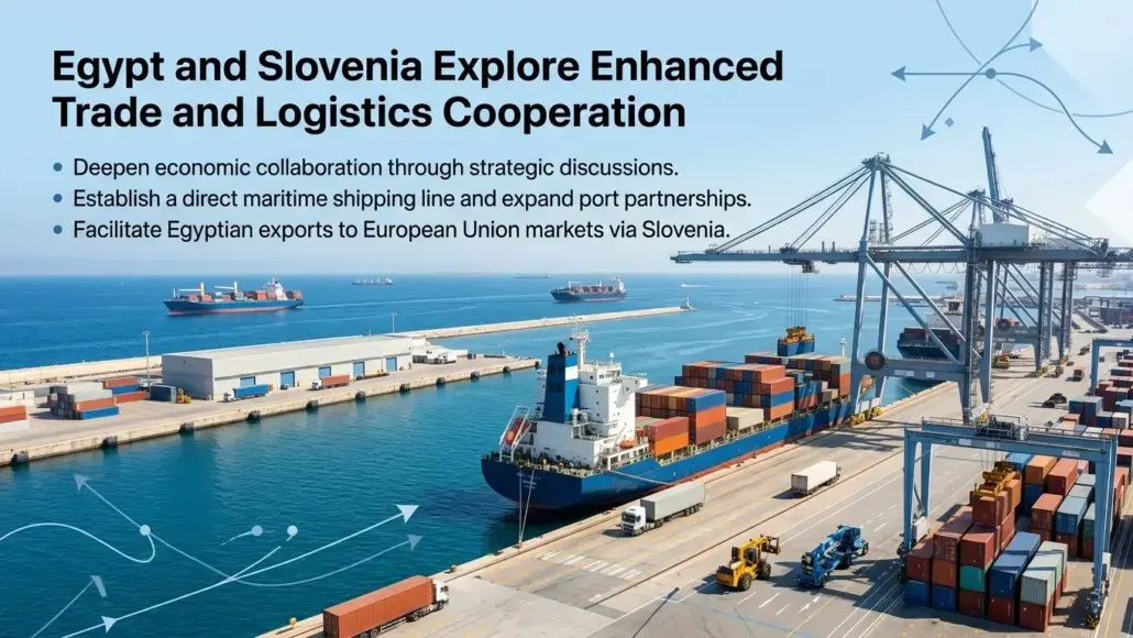Port scene with container ships and large cranes; headline promotes Egypt–Slovenia trade and logistics cooperation and related bullets.