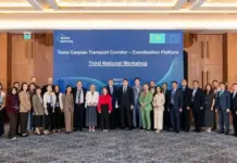EU, Kazakhstan Pledge Trans-Caspian Transport Route Upgrade Group of delegates posing for a photo at the Third National Workshop of the Trans-Caspian Transport Corridor – Coordination Platform, Astana.