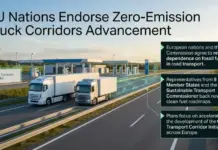 EU Nations Endorse Zero-Emission Truck Corridors Advancement EU nations endorse zero-emission truck corridors; two trucks on a highway with panels about reducing fossil fuels and clean fuel roadmaps.