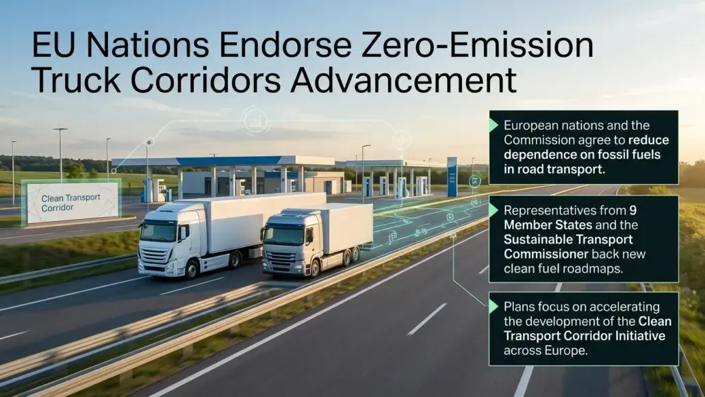 EU nations endorse zero-emission truck corridors; two trucks on a highway with panels about reducing fossil fuels and clean fuel roadmaps.