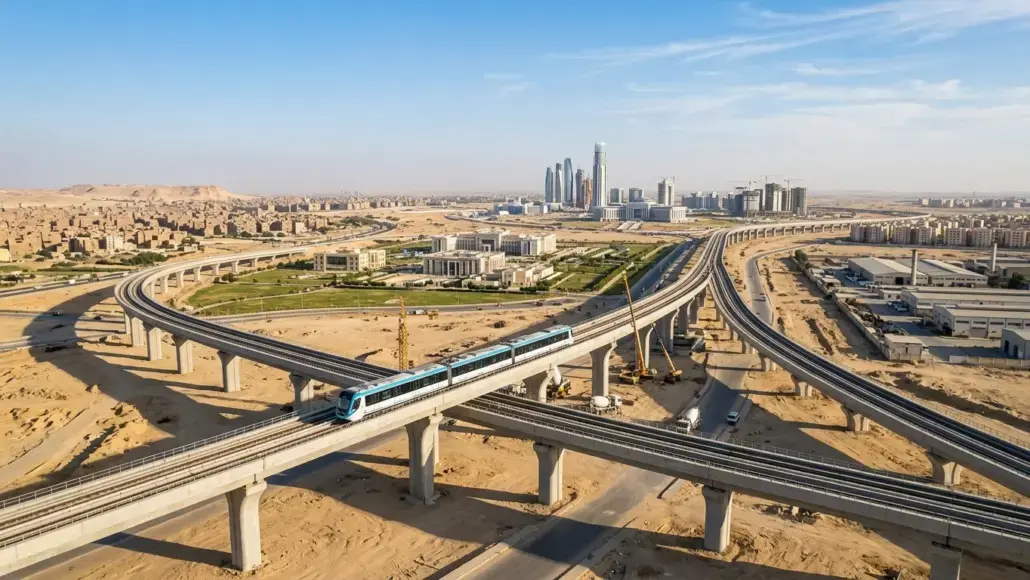 Elevated blue train traveling on a curved viaduct above a sandy desert cityscape with tall skyscrapers in the distance.