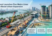 Hanoi Launches Five Metro Lines to Boost Urban Expansion Infographic showing Hanoi metro under construction with cranes and elevated tracks, headline reads 'Hanoi Launches Five Metro Lines to Boost Urban Expansion'