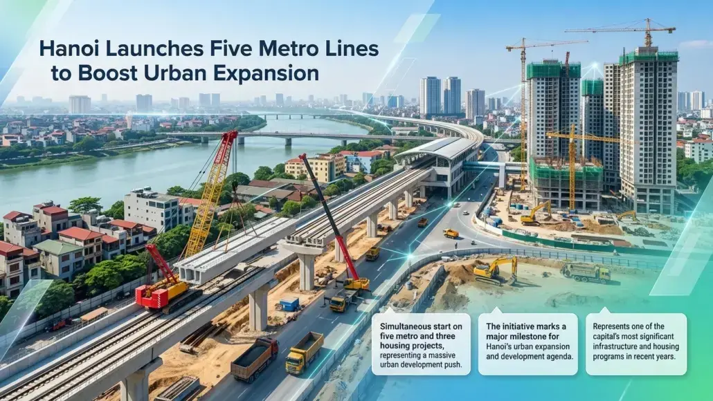Infographic showing Hanoi metro under construction with cranes and elevated tracks, headline reads 'Hanoi Launches Five Metro Lines to Boost Urban Expansion'