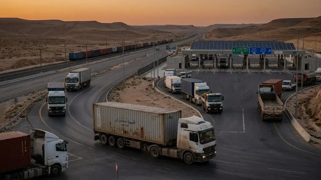 Desert highway toll plaza at sunset with a line of semi-trailers waiting to pass.