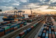 Saudi Arabia, China Strengthen Transport Cooperation Avenues Busy shipping port at sunset with stacked colorful containers, cranes, and rail lines nearby.
