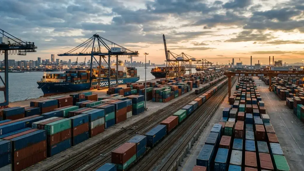Busy shipping port at sunset with stacked colorful containers, cranes, and rail lines nearby.