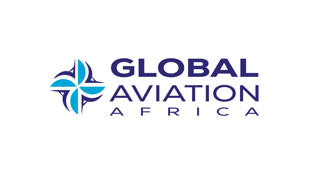 Logo for Global Aviation Africa featuring a blue abstract circular emblem on the left and bold uppercase text 'GLOBAL AVIATION AFRICA' on the right.