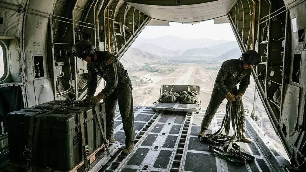 Two soldiers in flight suits load equipment from a military cargo plane, with mountains visible outside the open rear ramp area in the background.