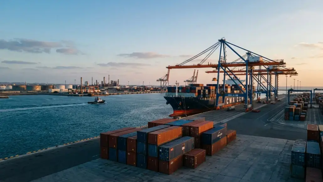 Container ship docked at a busy port with towering gantry cranes and stacked shipping containers