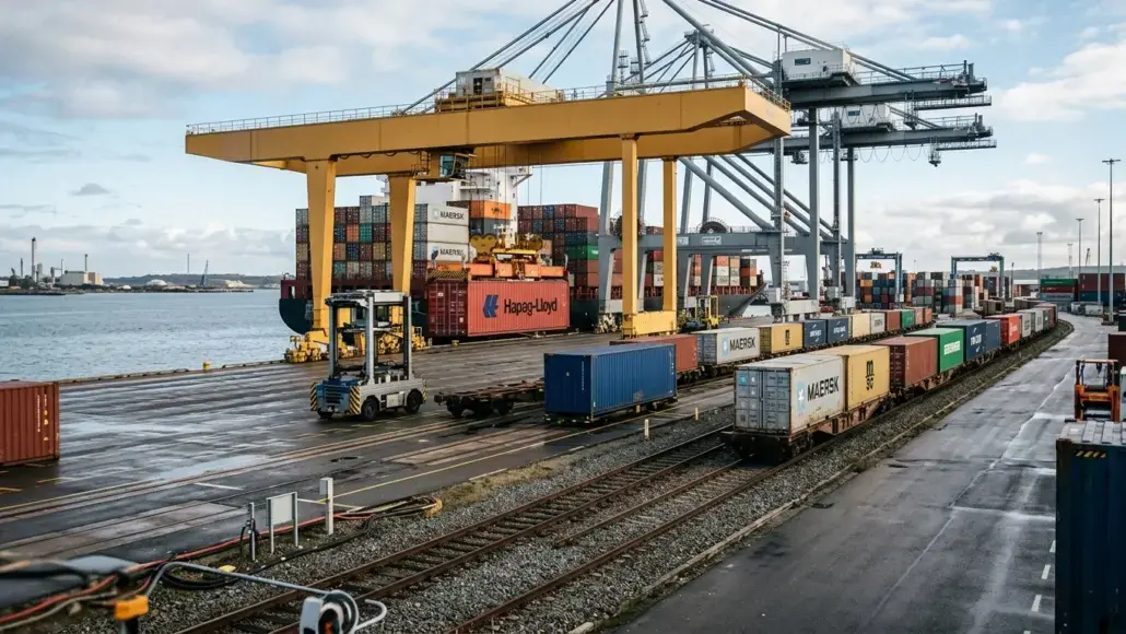 Container port scene with a yellow gantry crane loading shipping containers beside a railway yard.