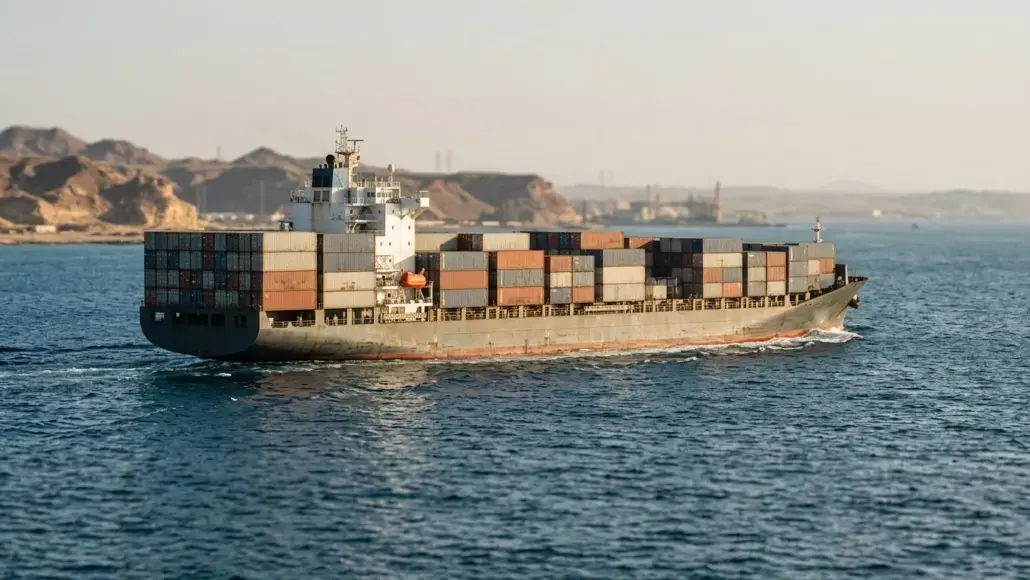 Container ship sailing through calm blue water with stacked colorful cargo containers and a distant rocky coastline in the background, likely a port route moment.