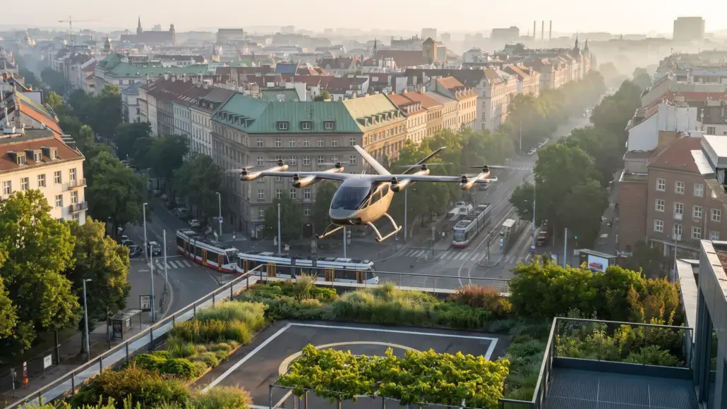 Small helicopter-like drone hovering over a European city street with trams and red-roofed buildings at dusk