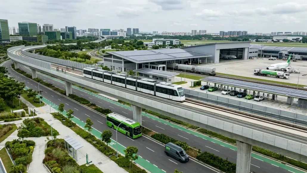 Aerial view of a modern transit hub with an elevated white tram on tracks above a multi-lane road, green buses on the ground, and a large terminal with aircraft nearby in a cityscape.
