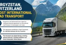 Kyrgyzstan, Switzerland Boost International Road Transport Infographic about Kyrgyzstan and Switzerland boosting international road transport: a truck on a mountain highway with three bullet points about the agreement, road links, and the signing event.