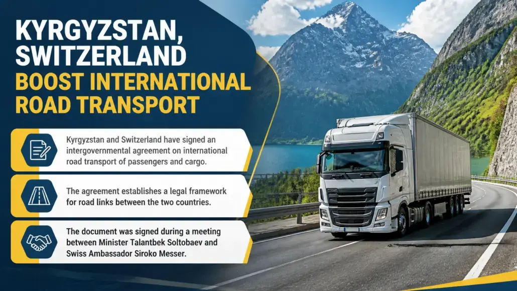 Infographic about Kyrgyzstan and Switzerland boosting international road transport: a truck on a mountain highway with three bullet points about the agreement, road links, and the signing event.