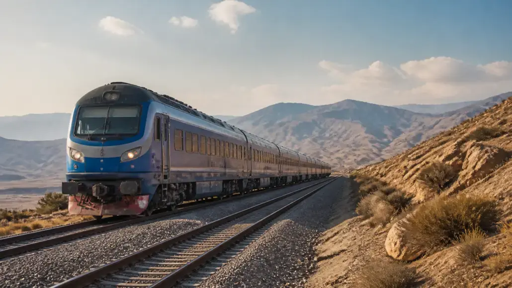 Blue passenger train on a single-track railway through a desert landscape with distant mountains under a clear sky.