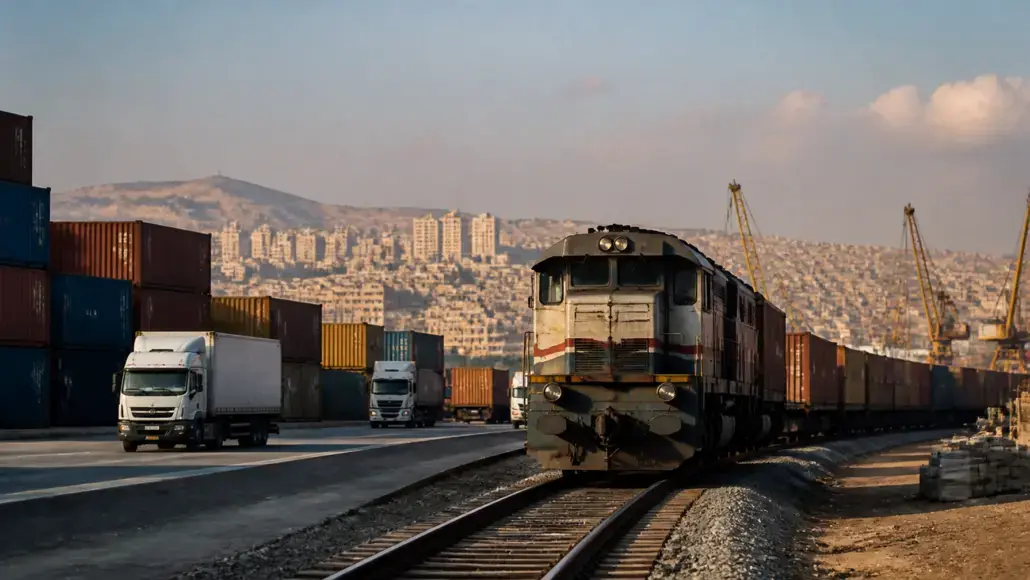 Freight train on tracks beside stacked shipping containers at a port, with cranes and a city hillside in the distance.