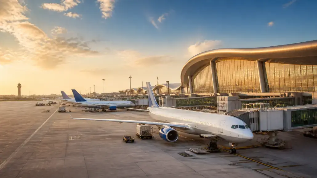 Airplane parked at a gate beside a curved-glass airport terminal at sunset.