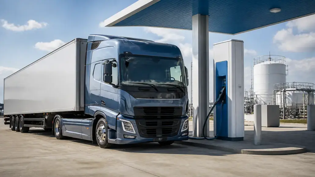 Blue semi-truck refueling at a pump at an industrial fueling station with storage tanks in the background?