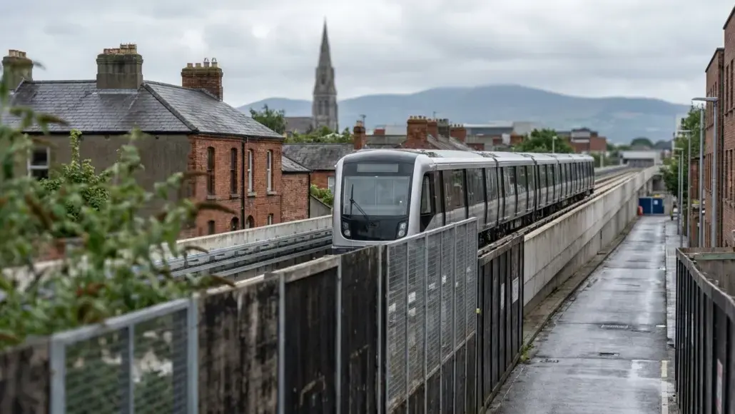 Modern passenger train traveling on an elevated track through a town with brick buildings and a church spire in the distance under a cloudy sky